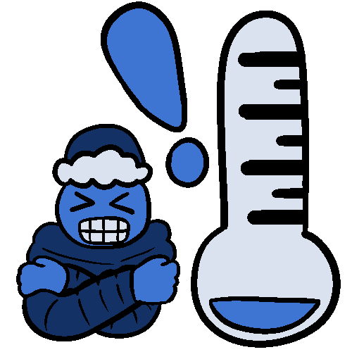 A picture of a cringing blue person hugging themselves in a coat and hat. Next to them is a blue thermometer showing a low temperature, and a blue exclamation point is between them.